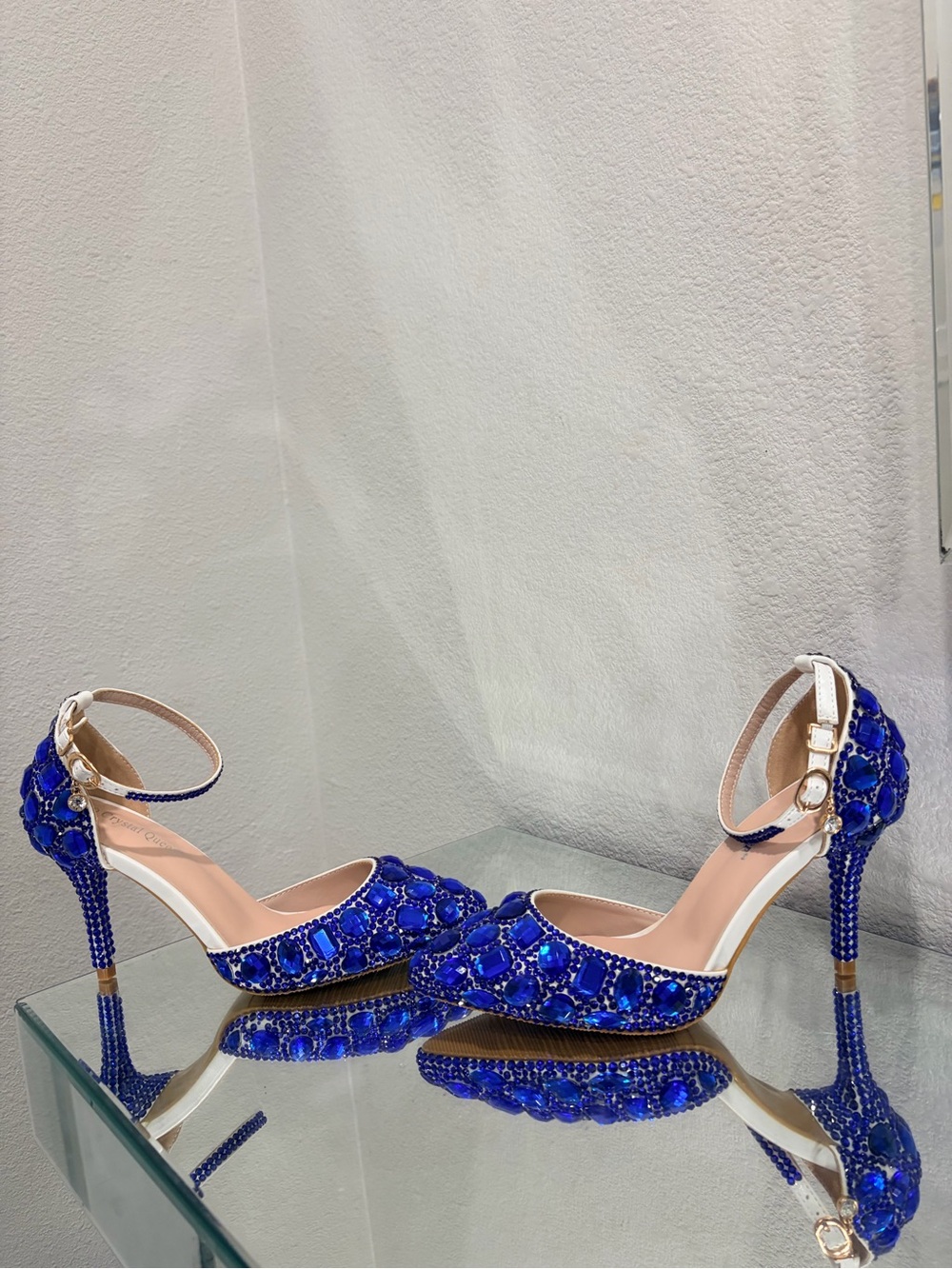 Elegant Blue Jeweled Ankle-Strap Heels